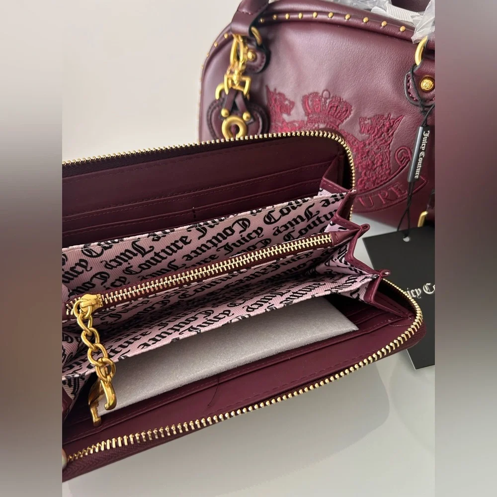 Juicy Couture UK burgundy leather Scottie Dog crest Bowler Bag Wallet Set